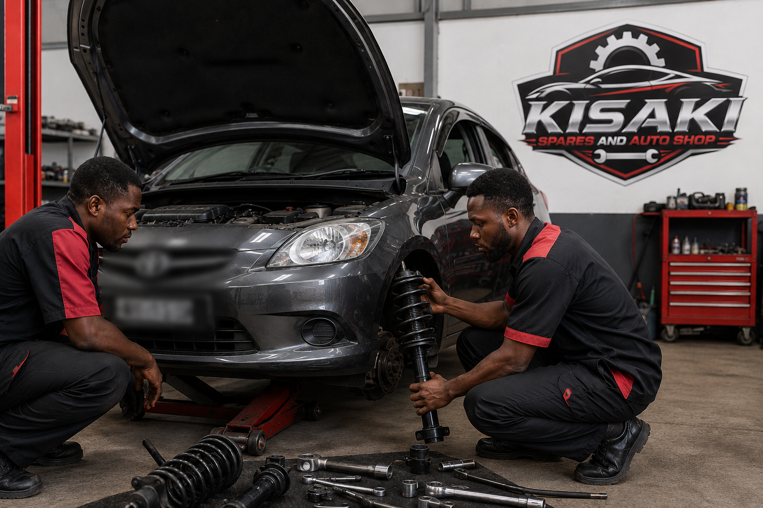 Kisaki Spares technicians fitting a suspension strut in the workshop